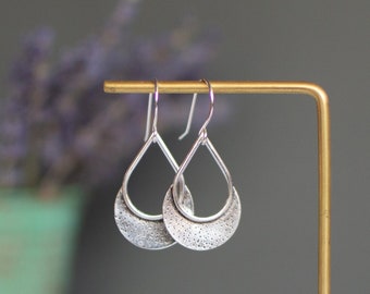 Sterling Silver Boho Dangle Earrings: Hammered Texture Artisan Jewelry