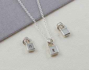 Silver lock necklace - initial padlock - dainty padlock necklace - lock initial necklace - layered necklace - minimalist gift under 50