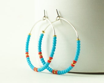 Beaded hoop earrings - red and blue earrings- boho hoops - hammered hoop earrings - colorful hoop earrings - summer earrings under 30