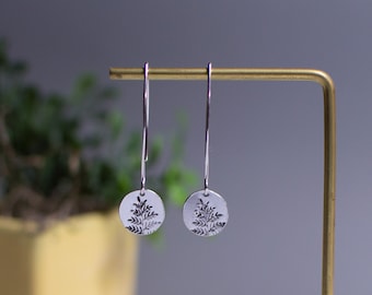 Silver fern earrings - leaf earrings - arc threader earrings - stamped earrings - dainty drop earrings - botanical earrings - gift under 50