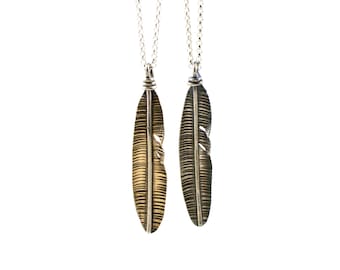 Feather necklace - rustic feather pendant -  silver feather jewelry-  layered necklace -  mixed metal pendant - gift under 50