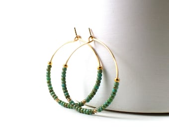 Turquoise hoop earrings - hammered hoop earrings - hippie bead hoop - beaded hoop earrings -  picasso bead hoops - gift for her under 30