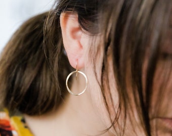 Hammered Circle Dangle Earrings: Minimalist Gold Filled or Sterling Silver