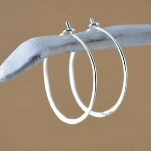 May include: A pair of silver hoop earrings. The earrings are displayed on a white, textured branch against a warm brown background. The hoops are simple and elegant, with a smooth, reflective surface.