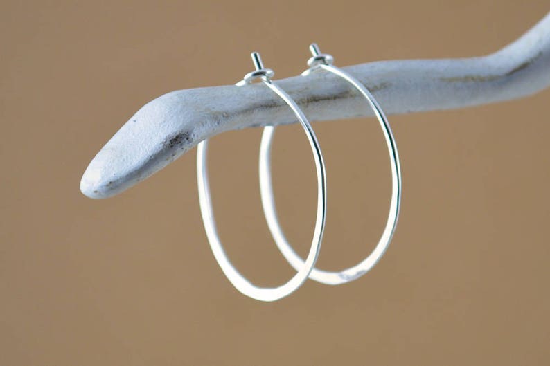 May include: A pair of silver hoop earrings. The earrings are displayed on a white, textured branch against a warm brown background. The hoops are simple and elegant, with a smooth, reflective surface.