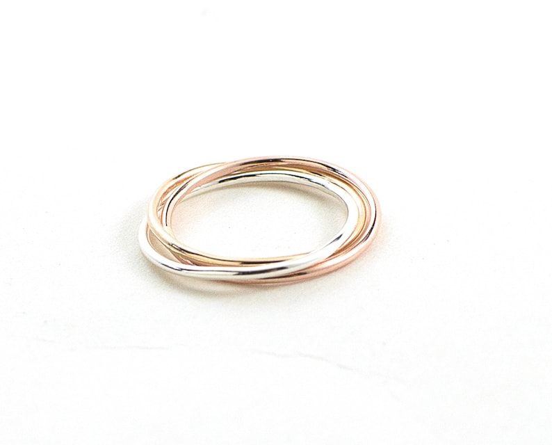 Tri color rolling rings interlocking ring trinity ring skinny rolling ring gift for her image 2