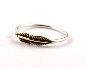 feather ring -  stacking silver ring -  brass feather ring -  skinny silver ring -  minimalist ring