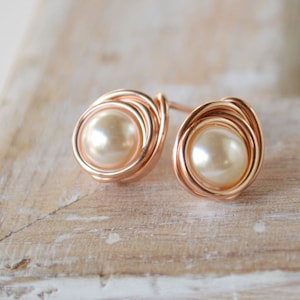 Pearl rose gold stud earrings -Real pearl earrings - rose gold jewelry -  wire wrapped jewelry -  bridesmaid jewelry - gift under 30