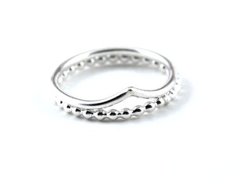 Chevron stacking ring set -  skinny beaded ring set -  silver stacking ring set