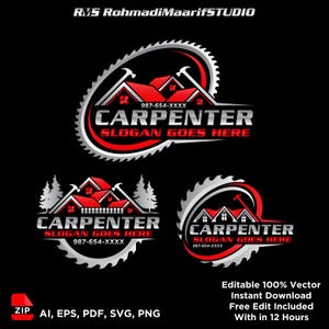 May include: A carpenter logo design in three variations, featuring red roof houses, hammers, and saw blades. The text includes "CARPENTER", "SLOGAN GOES HERE", and a phone number. The design is available in AI, EPS, PDF, SVG, and PNG formats.