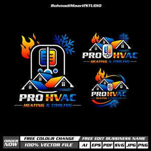 以下が含まれることがあります： 青とオレンジの屋根、炎、雪の結晶、温度計を備えた、HVACサービスのカラフルなロゴのコレクションです。「PRO HVAC - HEATING & COOLING」のテキストが目立ちます。「FREE COLOUR CHANGE」のテキストも含まれています。