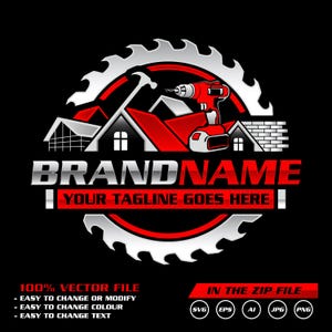 Può includere: Un logo di costruzione con una lama di sega circolare rossa e argento, un trapano rosso e un martello. Il logo include il testo "BRANDNAME" e "YOUR TAGLINE GOES HERE" in argento. La parte inferiore del logo include il testo "100% VECTOR FILE".