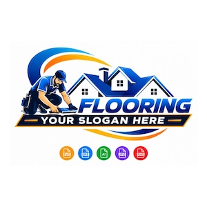 May include: A graphic logo featuring a worker in a blue uniform kneeling to install flooring in front of a blue house silhouette. The text reads FLOORING and YOUR SLOGAN HERE, with five circular icons below labelled SVG, EPS, AI, JPG, and PNG.