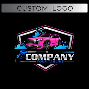 May include: A pink SUV with black wheels is depicted in a logo design. The car is surrounded by blue water splashes and set within a pink and silver geometric shape. The words "CUSTOM LOGO" are at the top.
