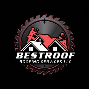 Puede incluir: Un logotipo circular con la silueta de una hoja de sierra negra y un gráfico de techo de casa en rojo y blanco. Dos figuras trabajan en el techo con martillos. El texto BESTROOF ROOFING SERVICES LLC aparece en letras blancas en negrita.