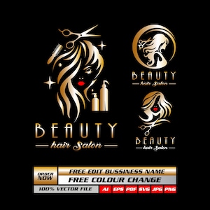 May include: Gold and black beauty salon logo set. The logos feature stylized women's faces, scissors, combs, and bottles. The text "BEAUTY - hair Salon" is included in the design. Additional text includes "ORDER NOW" and "FREE EDIT BUSSINESS NAME".