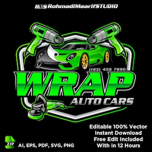 Può includere: Logo per Wrap Auto Cars, con un'auto sportiva verde, strumenti e il nome dell'azienda in verde. Il design include il numero di telefono (123) 456 7890 e testo che indica che il design è modificabile e scaricabile immediatamente.