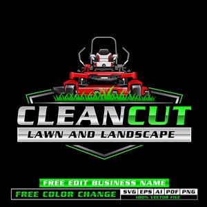 May include: A graphic logo featuring a red lawn mower positioned above a shield shape with green grass. The text CLEAN CUT appears in large silver letters, followed by LAWN AND LANDSCAPE in black on a silver bar, with additional text below.