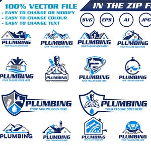 May include: A set of blue and white plumbing logos, showing houses, wrenches, and water drops. Text includes "PLUMBING" and "YOUR TAGLINE GOES HERE". The top banner reads "100% VECTOR FILE" and "IN THE ZIP FILE".