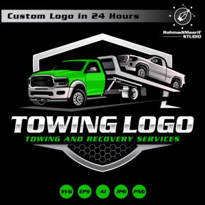 May include: A black and green towing logo design featuring a green tow truck with a white truck on its bed. The text "TOWING LOGO" and "TOWING AND RECOVERY SERVICES" are displayed. The logo also includes the text "Custom Logo in 24 Hours".