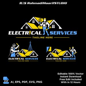 May include: A black background features multiple logos for electrical services. The main logo shows a house with a yellow roof, a worker holding a wrench and lightning bolt, and the text "ELECTRICAL SERVICES". Additional logos are also displayed.