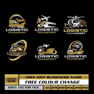 Puede incluir: Conjunto de logotipos dorados y plateados para Logistic Transport, con imágenes de camiones, aviones y barcos. Los logotipos están sobre un fondo negro. Texto adicional: "ORDER NOW", "FREE EDIT BUSSINESS NAME" y "FREE COLOUR CHANGE".