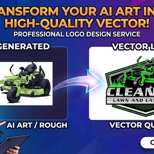 May include: A digital graphic showing a transformation from an AI-generated lawn mower image to a professional vector logo for Clean Cut Lawn and Landscape. The design features a green mower, bold text, and a person holding a tablet on a purple background.