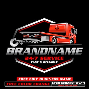 May include: A graphic logo featuring a bright orange flatbed tow truck with a silver towing hook and chain. The design is set against a black background within a geometric shield shape, including the text BRANDNAME, 24/7 SERVICE, and FAST & RELIABLE.