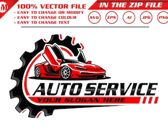 Op de afbeelding: Een rode sportwagen met open deuren is het middelpunt van dit auto-servicelogo. De auto staat tegen een zwart tandwiel, met de woorden "AUTO SERVICE" in vette, zwarte letters. Het logo bevat de tekst "YOUR SLOGAN HERE".