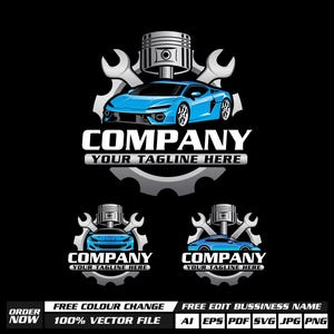 May include: A blue sports car logo with a piston, wrenches, and the word "COMPANY" above "YOUR TAGLINE HERE" on a black background. Additional logos and text at the bottom read "FREE COLOUR CHANGE", "FREE EDIT BUSSINESS NAME", "ORDER NOW", and "100% VECTOR FILE".