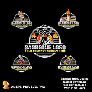 May include: A collection of barbecue logo designs on a black background. The logos feature illustrations of grills, flames, and a chef holding utensils. Text includes "BARBEQUE LOGO" and "YOUR COMPANY SLOGAN HERE". Additional text states "Editable 100% Vector" and "Instant Download".
