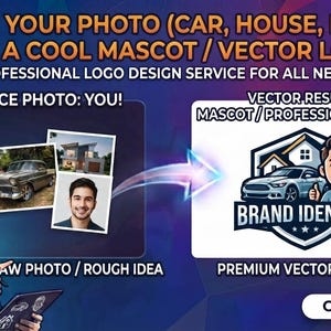 Pode incluir: Um anúncio gráfico digital para um serviço de design de logotipos. O texto diz: TURN YOUR PHOTO (CAR, HOUSE, FACE) INTO A COOL MASCOT / VECTOR LOGO! PROFESSIONAL LOGO DESIGN SERVICE FOR ALL NEEDS. SOURCE PHOTO: YOU! RAW PHOTO / ROUGH IDEA. VECTOR RESULT: MASCOT / PROFESSIONAL LOGO. BRAND IDENTITY. PREMIUM VECTOR QUALITY. ORDER NOW.