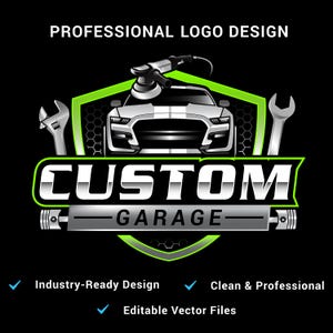 May include: A logo design for a custom garage, featuring a white sports car, wrenches, and a buffer. The design includes the text "CUSTOM GARAGE" in a bold, silver font, with the words "PROFESSIONAL LOGO DESIGN" at the top. The design also includes the text "Industry-Ready Design", "Clean & Professional", and "Editable Vector Files".