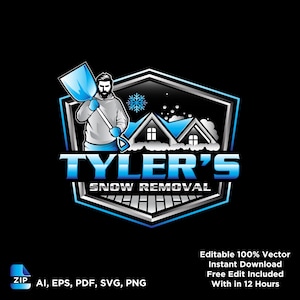 May include: A logo for Tyler's Snow Removal, featuring a man with a beard holding a snow shovel. The design includes a house with snow on the roof, a snowflake, and the company name in blue and white. The logo is set against a black background.