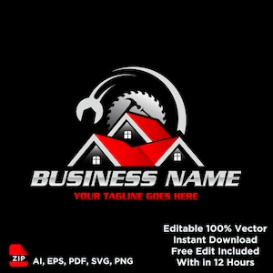 Può includere: Un logo con una casa con tetto rosso, una chiave inglese e una lama per sega. Il testo "BUSINESS NAME" è sopra "YOUR TAGLINE GOES HERE". Il design è su sfondo nero.