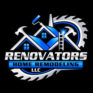 Pode incluir: Um logótipo para a Renovators Home Remodeling LLC com a silhueta de uma casa azul, dois martelos cruzados, um rolo de pintura, uma escada e uma lâmina de serra circular. O texto Renovators Home Remodeling LLC está em letras prateadas.