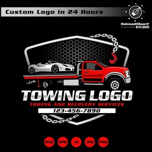 May include: A red tow truck with a white sports car on its flatbed, set against a black background. The logo includes the text "TOWING LOGO" and "TOWING AND RECOVERY SERVICES" with a phone number. The image also states "Custom Logo in 24 Hours".