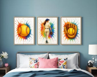 Softball Watercolor Art Print Set: Girls Room Sports Decor (Digital Download