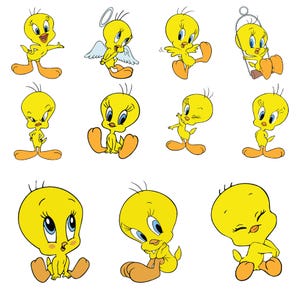 Puede incluir: Una colecci&oacute;n de im&aacute;genes de dibujos animados de Piol&iacute;n en varias poses. El p&aacute;jaro amarillo con ojos azules y grandes pies naranjas se muestra sonriendo, gui&ntilde;ando un ojo y balance&aacute;ndose. Algunas im&aacute;genes incluyen un halo y alas de &aacute;ngel.