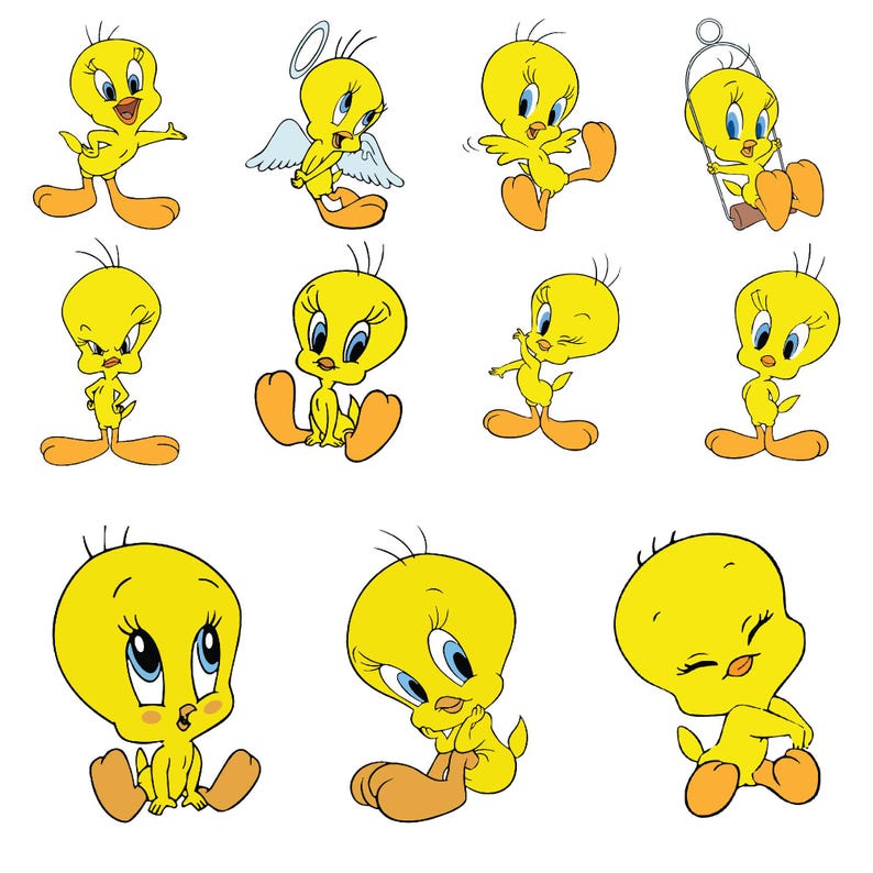Puede incluir: Una colecci&oacute;n de im&aacute;genes de dibujos animados de Piol&iacute;n en varias poses. El p&aacute;jaro amarillo con ojos azules y grandes pies naranjas se muestra sonriendo, gui&ntilde;ando un ojo y balance&aacute;ndose. Algunas im&aacute;genes incluyen un halo y alas de &aacute;ngel.