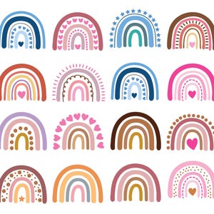 Könnte beinhalten: Eine Sammlung von sechzehn farbenfrohen Regenbogen-Illustrationen. Jeder Regenbogen hat ein einzigartiges Design mit Variationen in Farbe, Muster und Verzierungen wie Herzen, Sternen und Punkten. Die Regenbögen sind in vier Reihen zu je vier angeordnet.