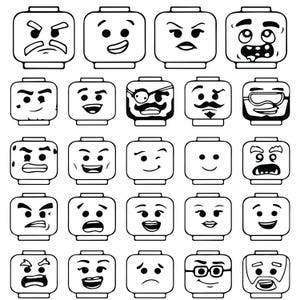 Puede incluir: Dibujo lineal en blanco y negro de varias caras estilo Lego con diferentes expresiones. Las caras incluyen una gama de emociones, como alegría, tristeza e ira. Cada cara es cuadrada con una parte superior redondeada y un contorno simple.