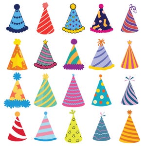 Könnte beinhalten: Eine Sammlung bunter Partyhüte in verschiedenen Designs. Die Hüte zeigen Streifen, Punkte, Sterne und andere Muster in Blau-, Rot-, Gelb-, Grün- und Lilatönen. Jeder Hut hat eine dekorative Spitze, ideal für Geburtstagsfeiern.