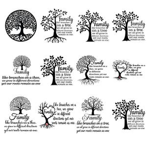 May include: A collection of black and white tree designs with the word "Family" and the phrase "like branches on a tree, we all grow in different directions yet our roots remain as one." The designs vary in style, including circular and heart-shaped tree illustrations.