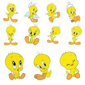 Puede incluir: Una colecci&oacute;n de im&aacute;genes de dibujos animados de Tweety Bird en varias poses. El p&aacute;jaro amarillo tiene grandes ojos azules y pies y piernas naranjas. Algunas im&aacute;genes muestran a Tweety con un halo y alas de &aacute;ngel, otras lo muestran sentado o columpi&aacute;ndose.