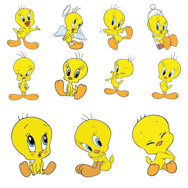 Puede incluir: Una colecci&oacute;n de im&aacute;genes de dibujos animados de Tweety Bird en varias poses. El p&aacute;jaro amarillo tiene grandes ojos azules y pies y piernas naranjas. Algunas im&aacute;genes muestran a Tweety con un halo y alas de &aacute;ngel, otras lo muestran sentado o columpi&aacute;ndose.
