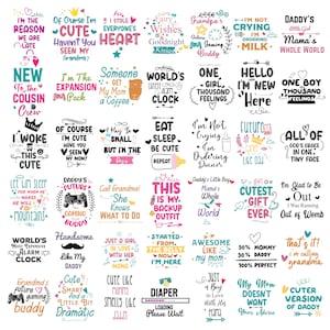 May include: A collection of various text designs in black, pink, and blue, with phrases like "I'm the reason we are late" and "Daddy's Little Girl." The designs are in a variety of fonts and styles, suitable for apparel.