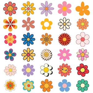 以下が含まれることがあります： レトロスタイルのカラフルな花のイラストのコレクション。花は、スマイリーフェイスやさまざまな花びらの形など、さまざまなデザインが特徴です。色はオレンジ、ピンク、イエロー、ブルー、パープルなど。花は白い背景にグリッドパターンで配置されています。