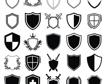 May include: A collection of black and white shield designs. The shields vary in shape and style, including solid, outlined, and those with decorative elements like swords, laurel wreaths, and crosses. Ideal for heraldry or emblem designs.
