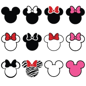 May include: A collection of cartoon character head silhouettes. The designs include solid black, white outlines, and various bow colors: white, red, and pink. One design features a zebra print.